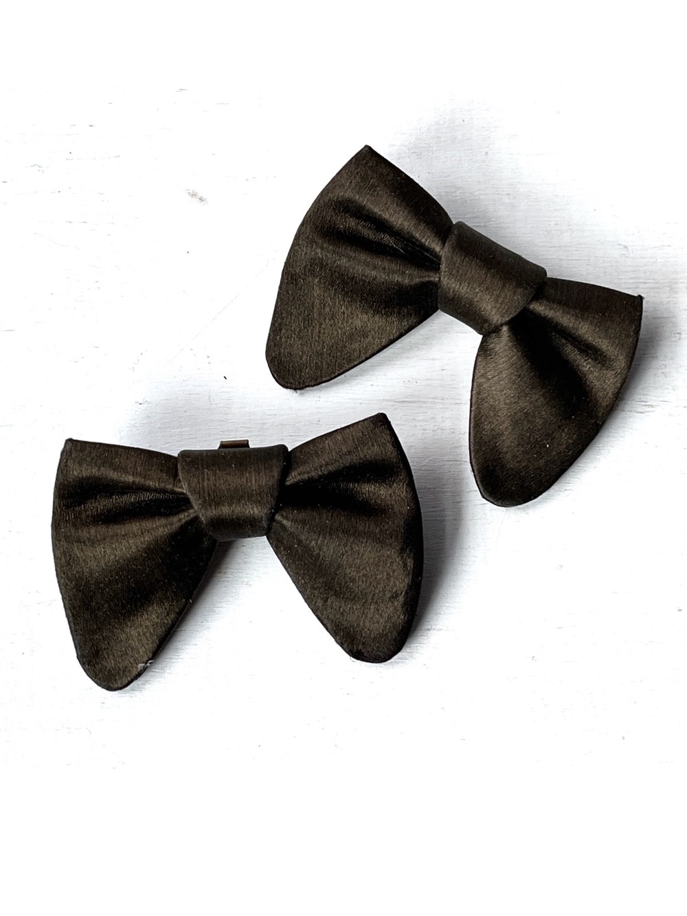 1940's Satin Bronze Brown Bow Shoe Clips,  Vintage Feminine Romantic Sweater Pin